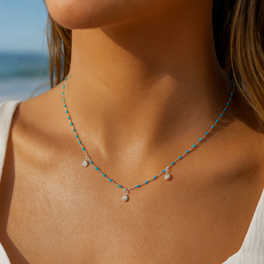 Aqua Droplet - Sterling Silver & Turquoise Beaded Chain