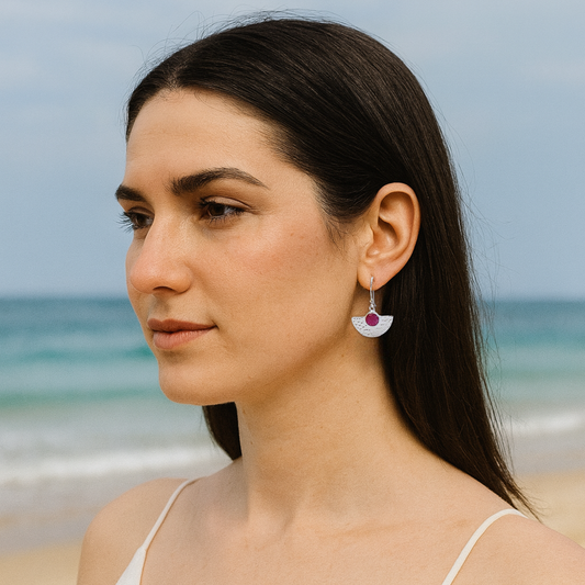 Eclipse Ruby Drop Earrings – Sterling Silver with Hammered Finish