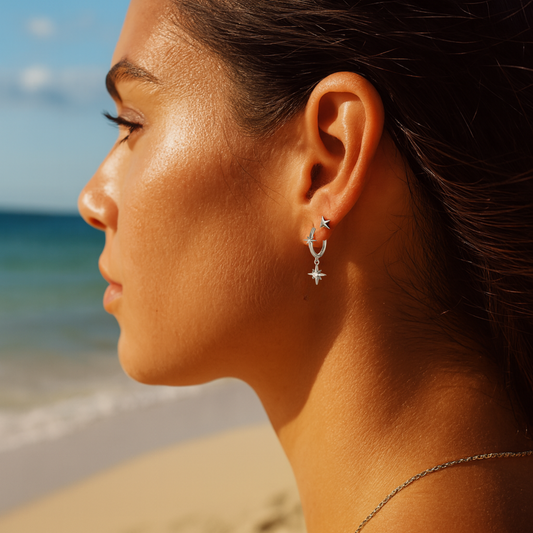 North Star Huggie Earrings – Sterling Silver with Cubic Zirconia