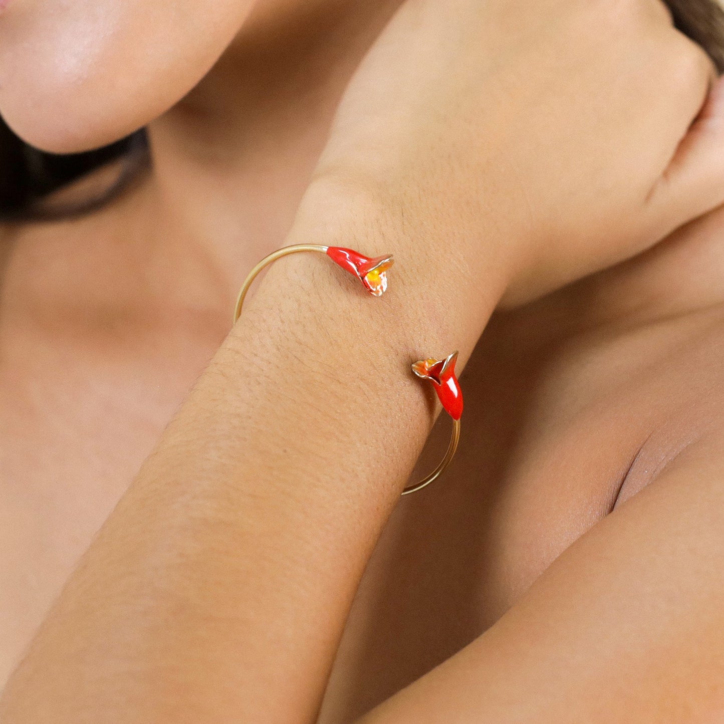 Betty Cuff Bracelet - Gold-Plated with Red Enamel Flower Ends